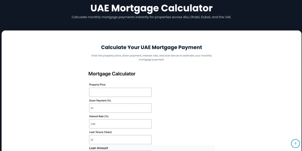 UAE Mortgage Calculator by UAETOOLKIT showing property price, down payment, interest rate, and loan tenure fields