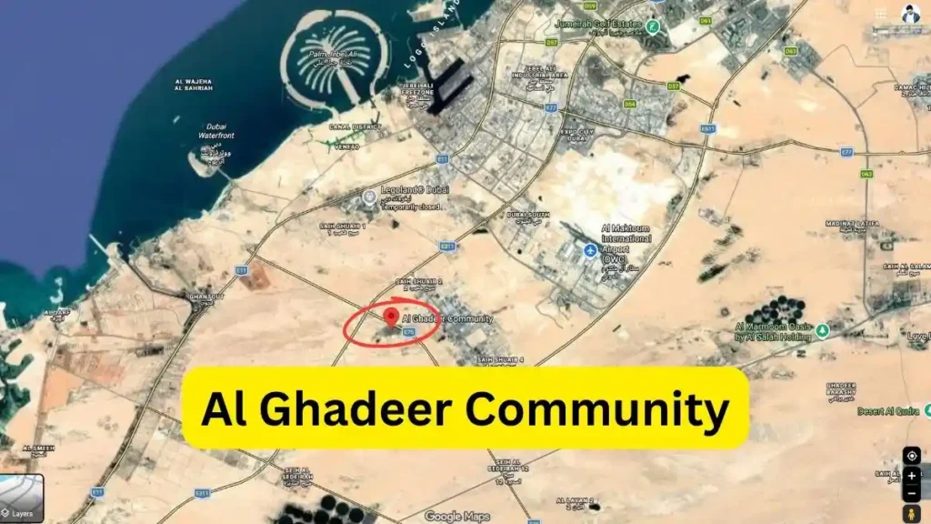 Map showing Al Ghadeer location between Abu Dhabi and Dubai