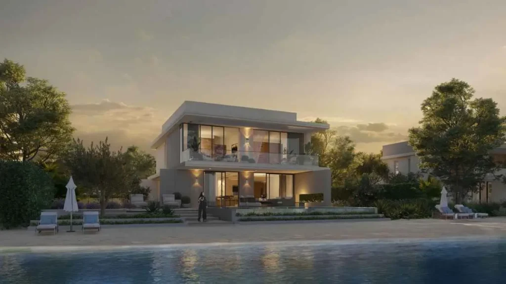 Luxury waterfront villas on Ramhan Island at sunset