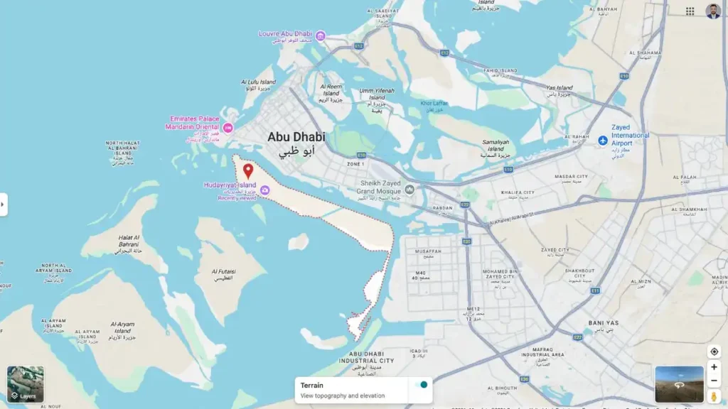 Map showing Hudayriyat Island location in Abu Dhabi