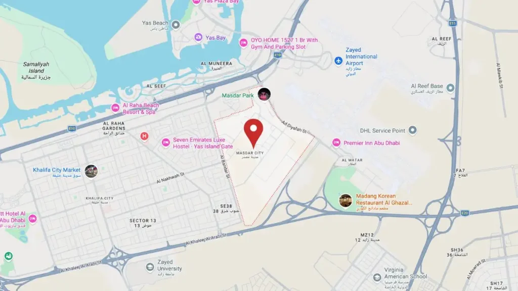 Map showing Masdar City location in Abu Dhabi