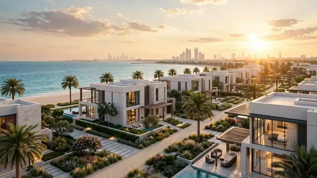 Luxury waterfront homes on Hudayriyat Island at sunset