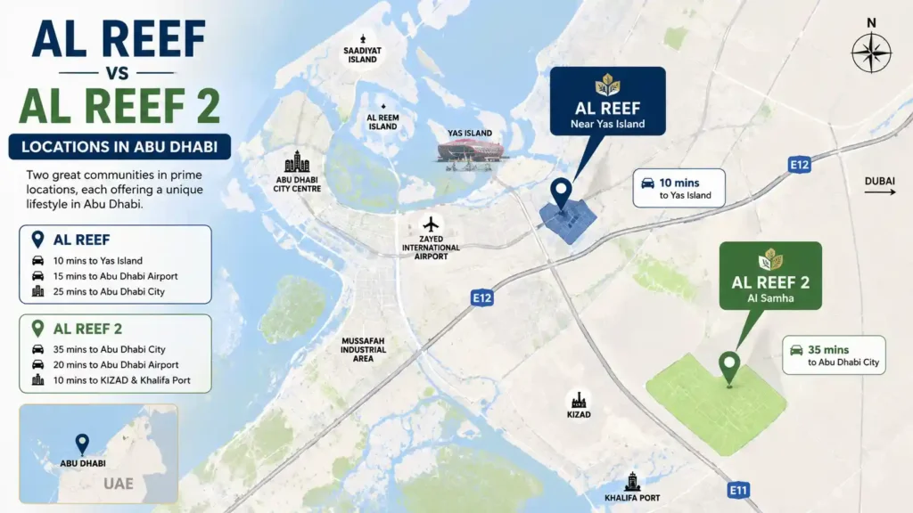 Map showing Al Reef and Al Reef 2 locations in Abu Dhabi